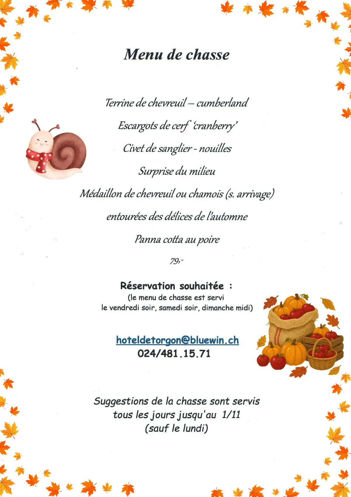 Menu de chasse de l'Hôtel de Torgon