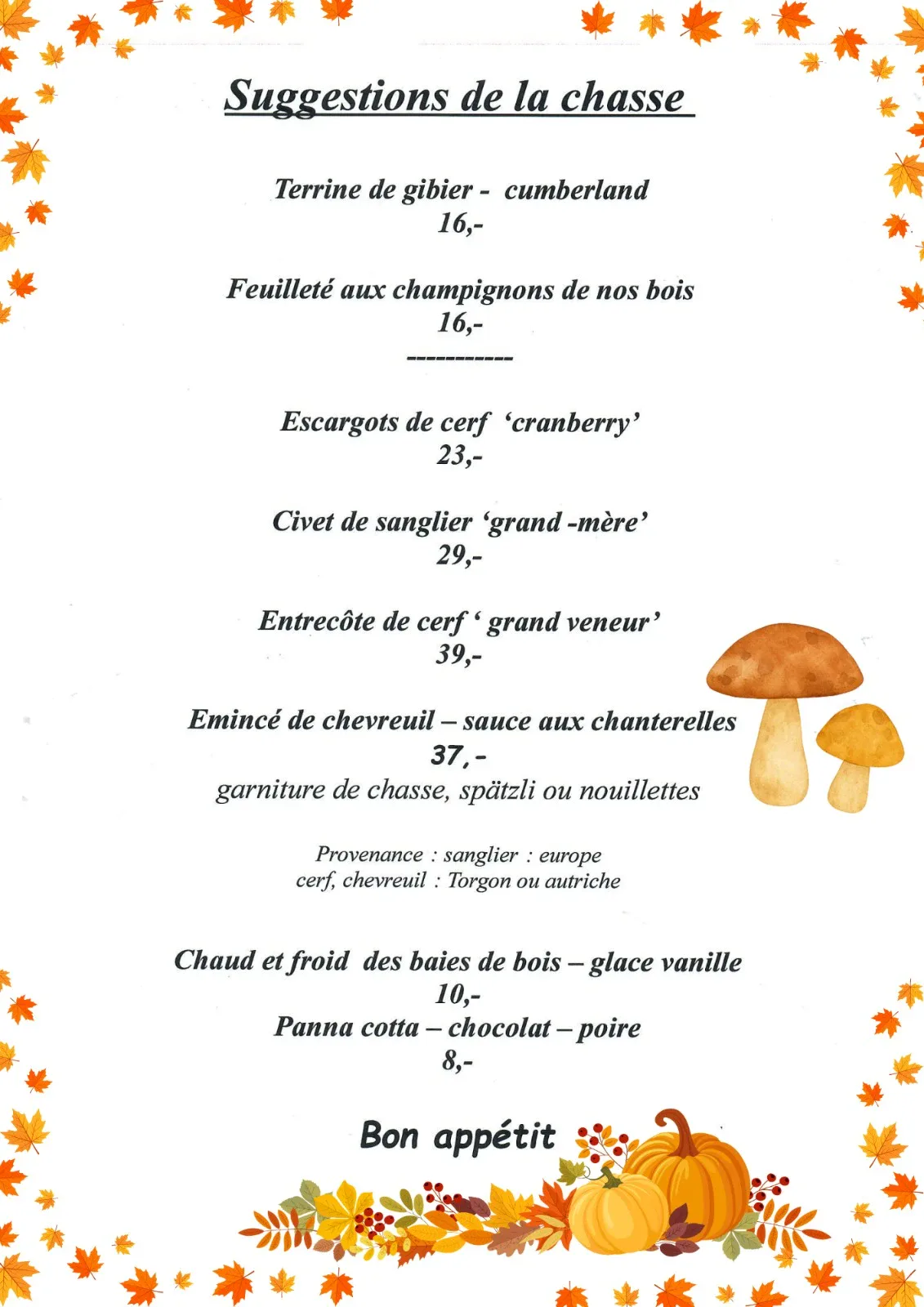 Suggestions de la chasse à la carte, Hôtel de Torgon